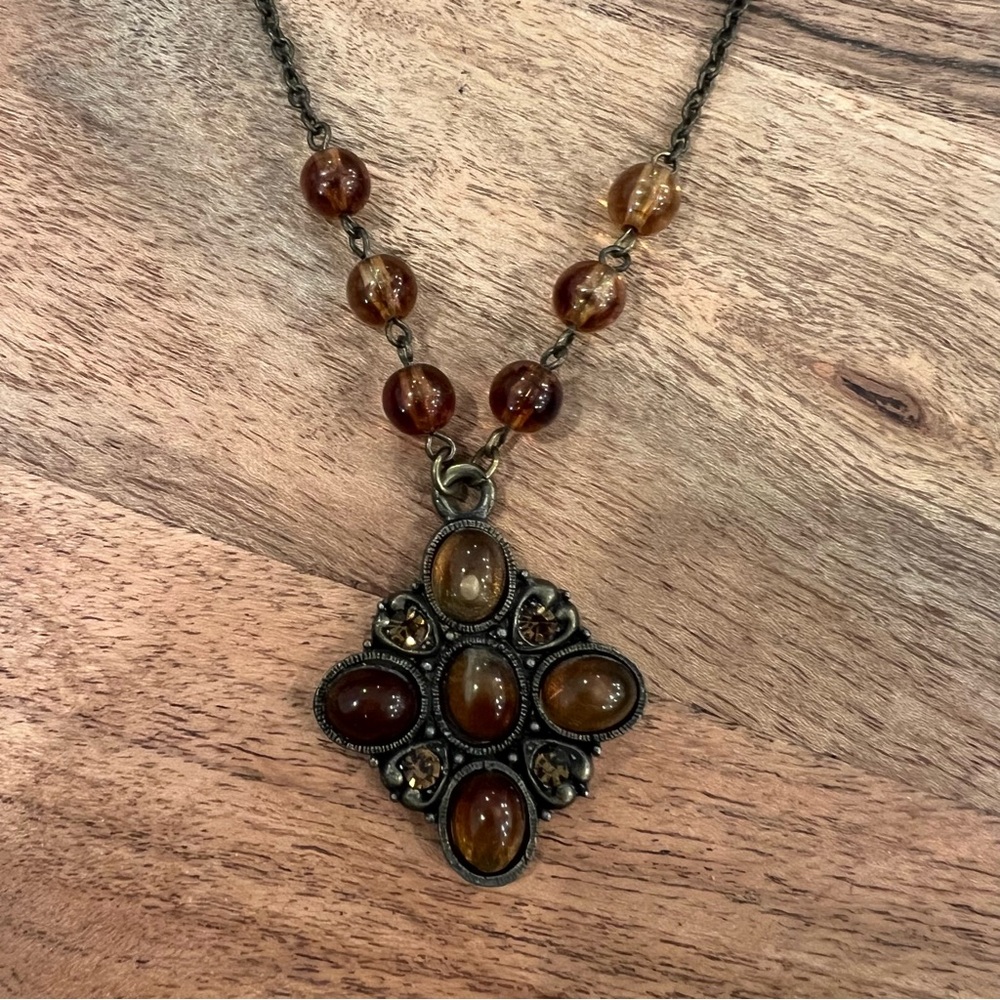 Amber and Brown Beaded Necklace 16”